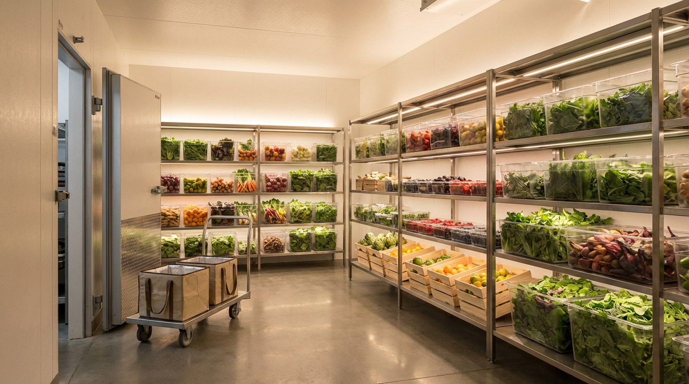 Refrigerated produce storage room with shelves of fresh vegetables and fruits in clear containers and wooden crates.
