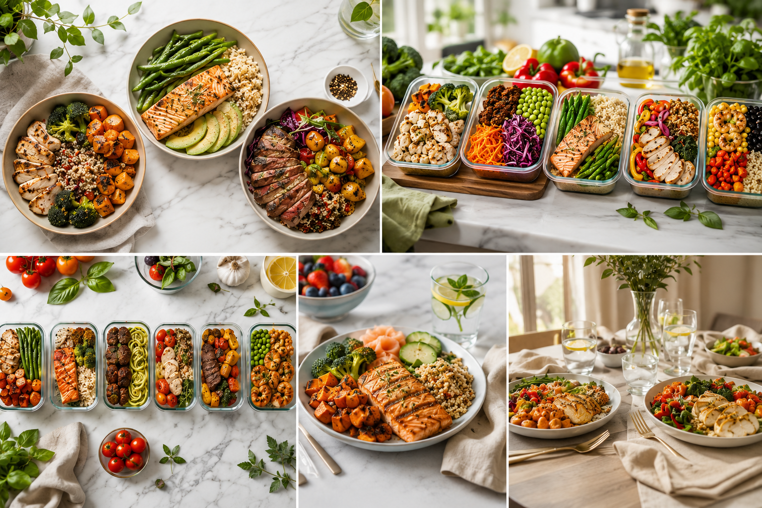 A collage of images showing various colorful and healthy meal arrangements, including salads, grilled salmon with vegetables, and meal prep containers with salads on a marble table.