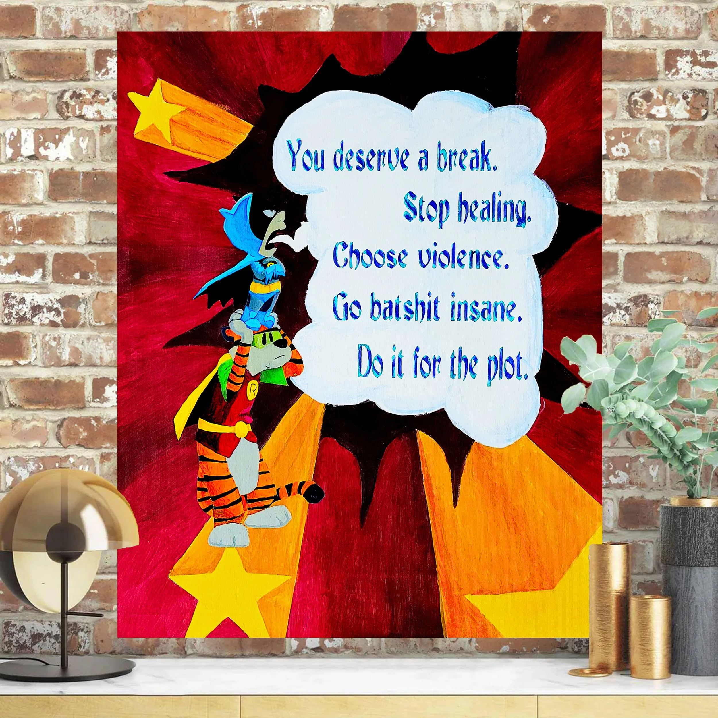 Colorful graffiti art on brick wall with a cartoon figure and a speech bubble containing an inspirational quote.