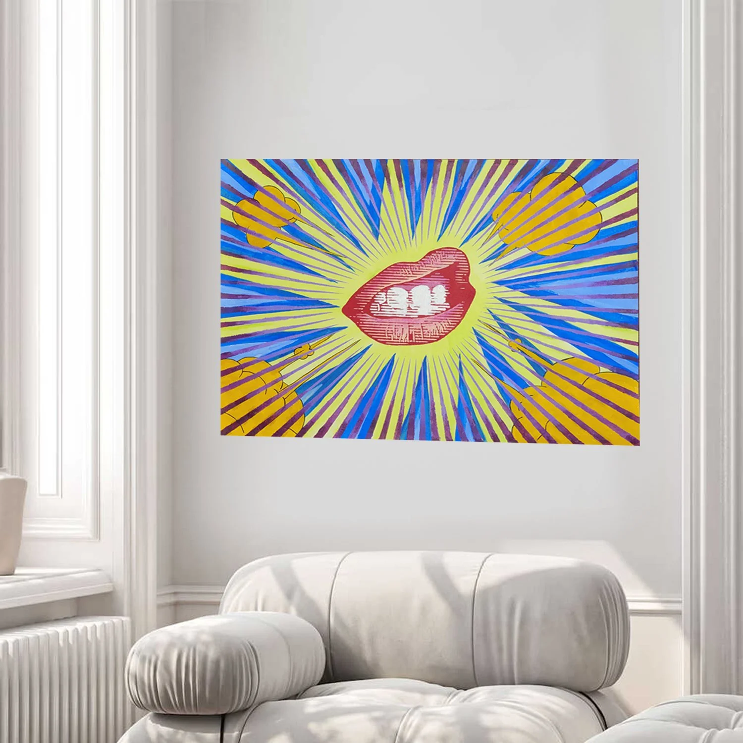A colorful pop art style painting of lips with teeth, surrounded by bold yellow, blue, and purple rays and four yellow clouds, hanging on a light gray wall in a modern living room.