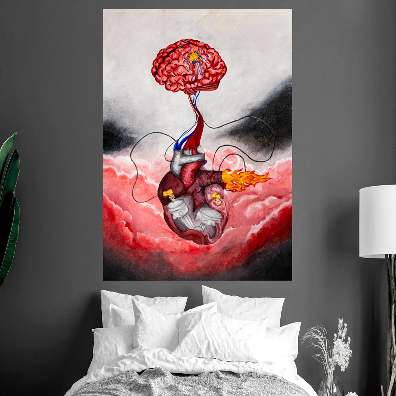 A surreal painting of a human heart with a flaming wound, connected to a brain by nerve-like wires, set against a cloudy sky background.