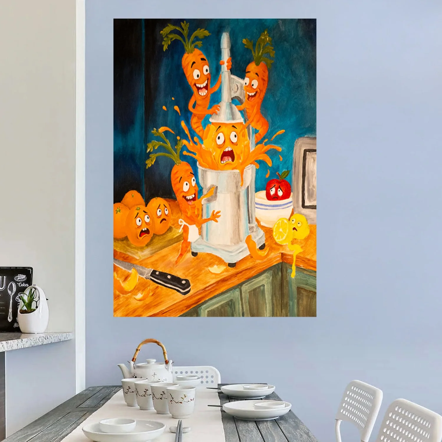 Colorful kitchen wall art featuring animated carrots with happy faces in a juicer, surrounded by oranges, a bowl with an apple, and kitchen utensils.