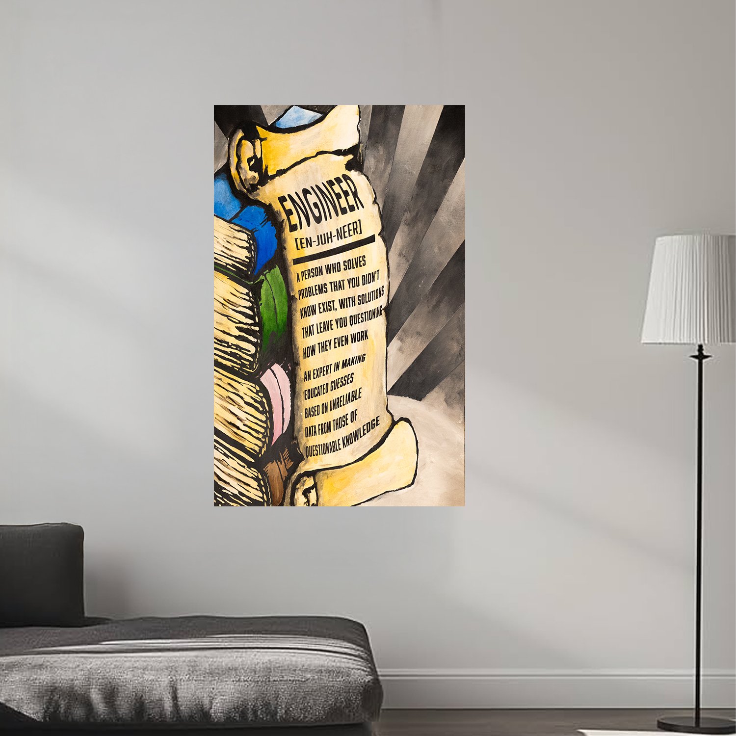 Colorful wall art featuring a large paintbrush with the word "ENGINEER" and a definition that reads: "A person who solves problems that you didn’t know existed, with solutions that leave you questioning how they even work, an expert in making educate