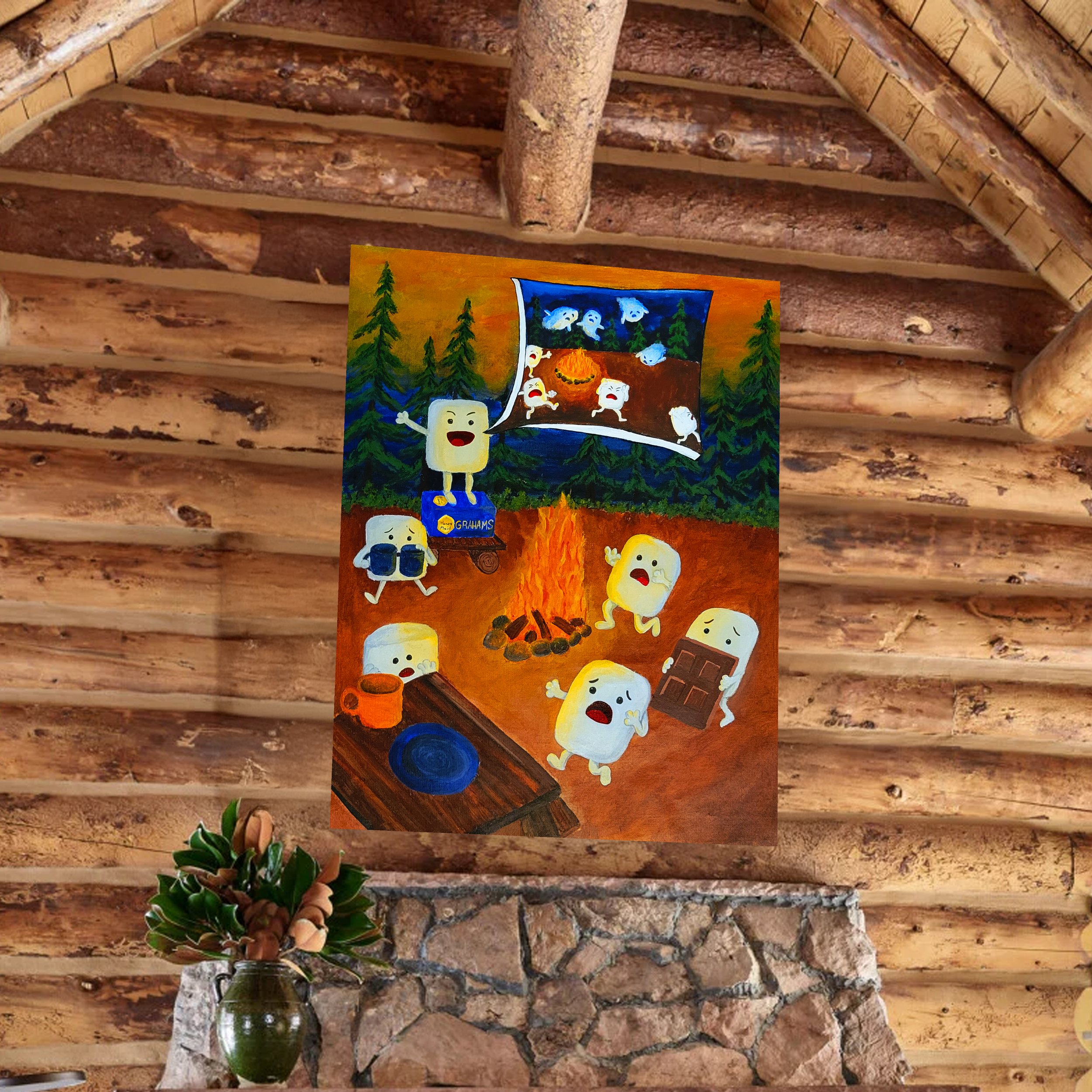 A painting depicting ghosts inside a forest with tall pine trees, a campfire, and a character with a yellow face and black eyes. The painting is displayed on a rustic wooden wall above a table with a glass vase holding pink roses.