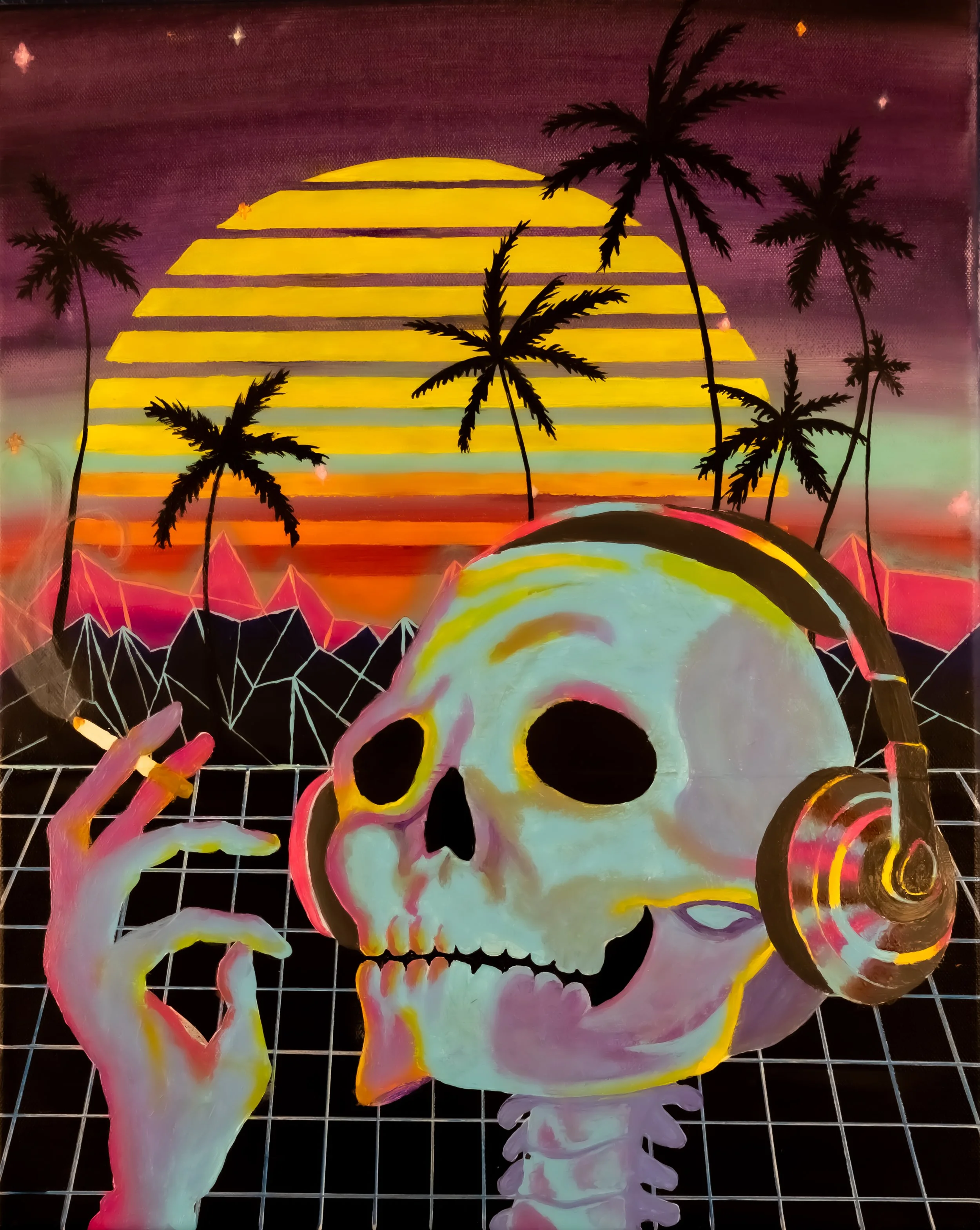 A colorful, artistic depiction of a human skull with a sunset in the background, palm trees silhouette, and a grid pattern in the foreground, blending vibrant pink, yellow, orange, and purple hues.
