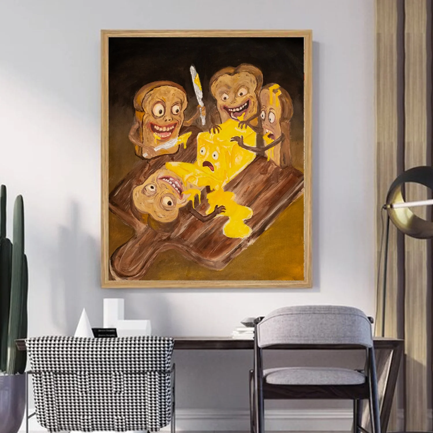 Painting of animated bread slices with exaggerated facial expressions and yellow spreading cheese, assembled on a wooden surface.