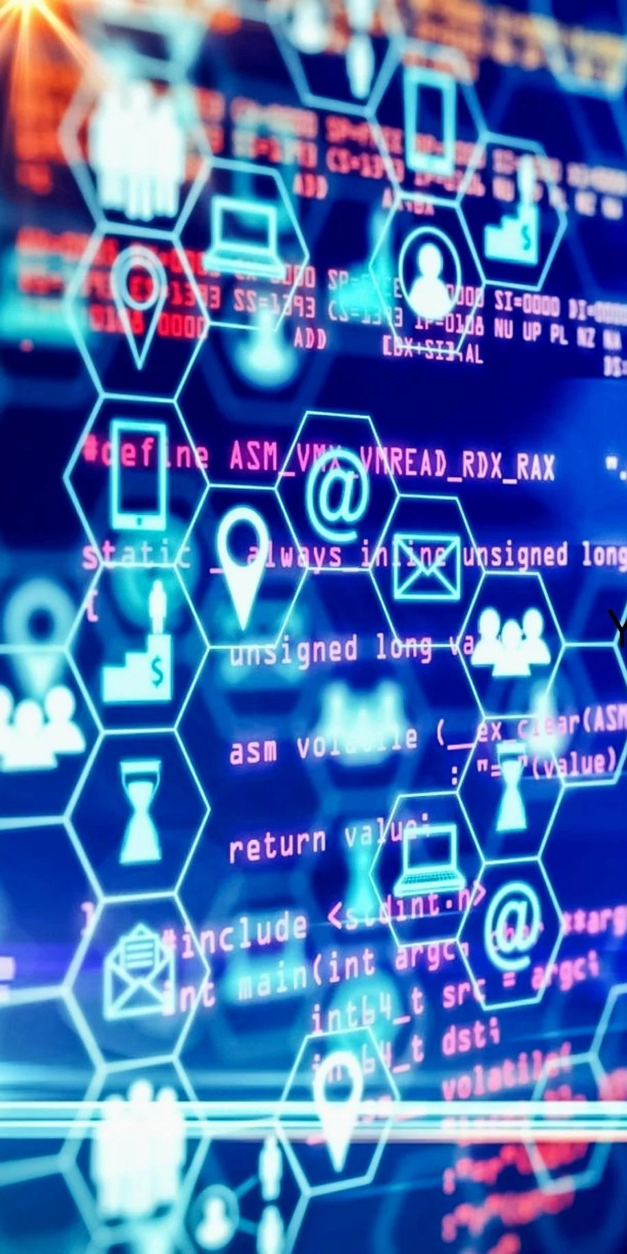 Digital illustration showing computer code, hexagonal icons for user profiles, email, location, message, and group, interconnected by blue lines, with some icons highlighted in purple.