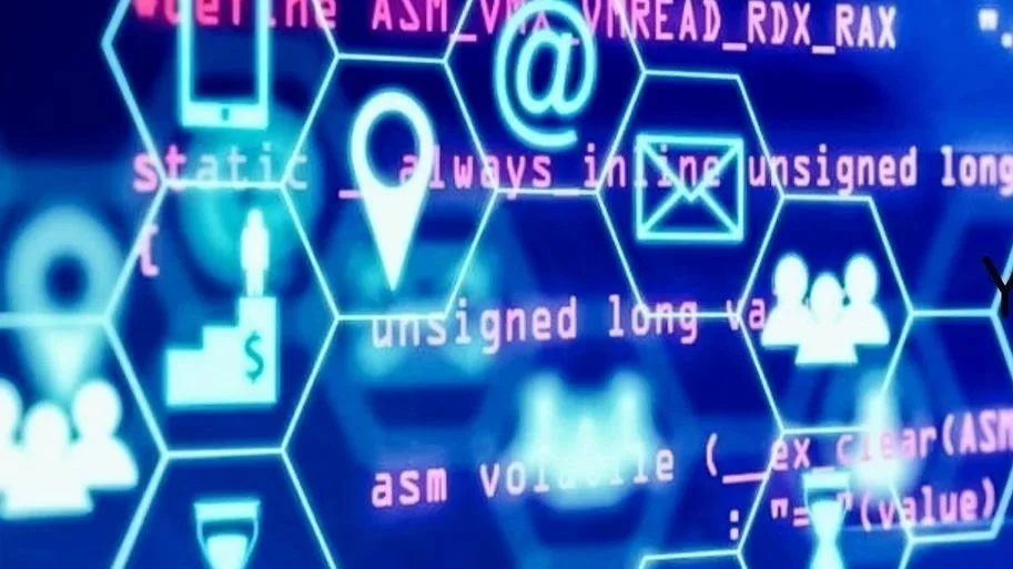 Computer screen displaying lines of code with icons and hexadecimal shapes, with a focus on programming and technology themes.