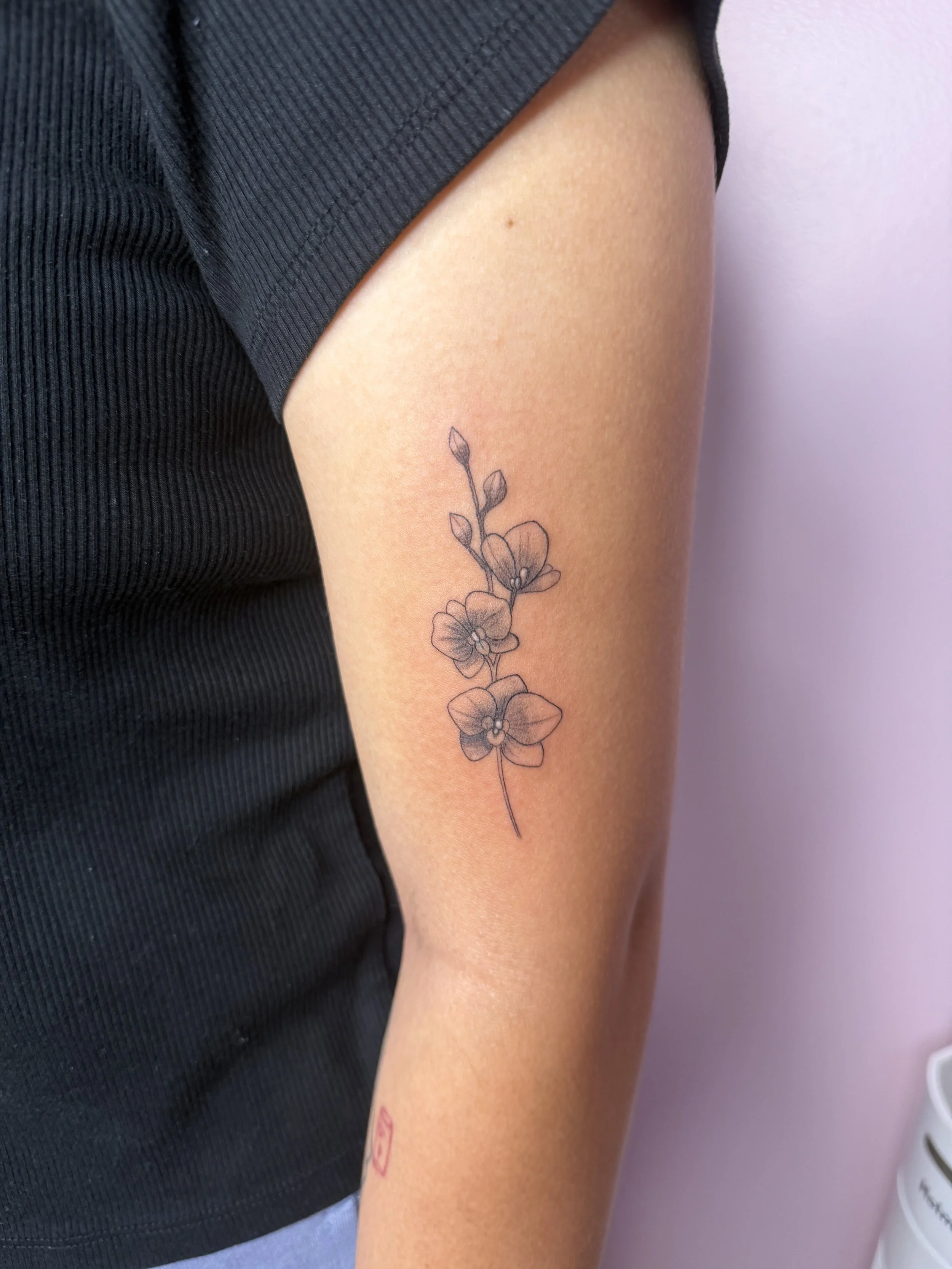 Close-up of a person's upper arm with a minimalist black line drawing tattoo of flowers and leaves. The person is wearing a black ribbed shirt, and the background is a plain, light purple wall.