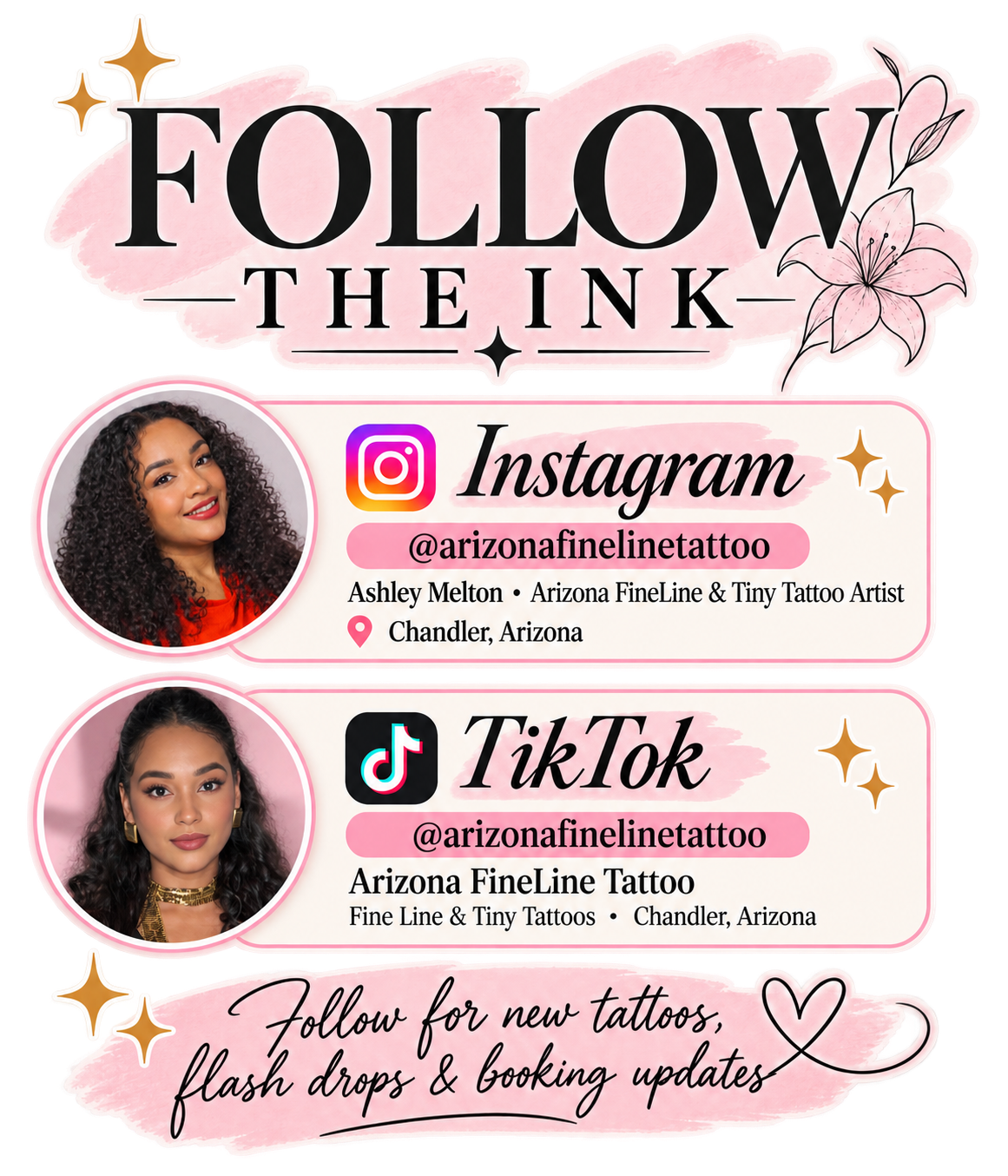 Social media and contact information for Ashley Melton, a tattoo artist in Chandler, Arizona, featuring her Instagram and TikTok handles, with photos of her and decorative elements.