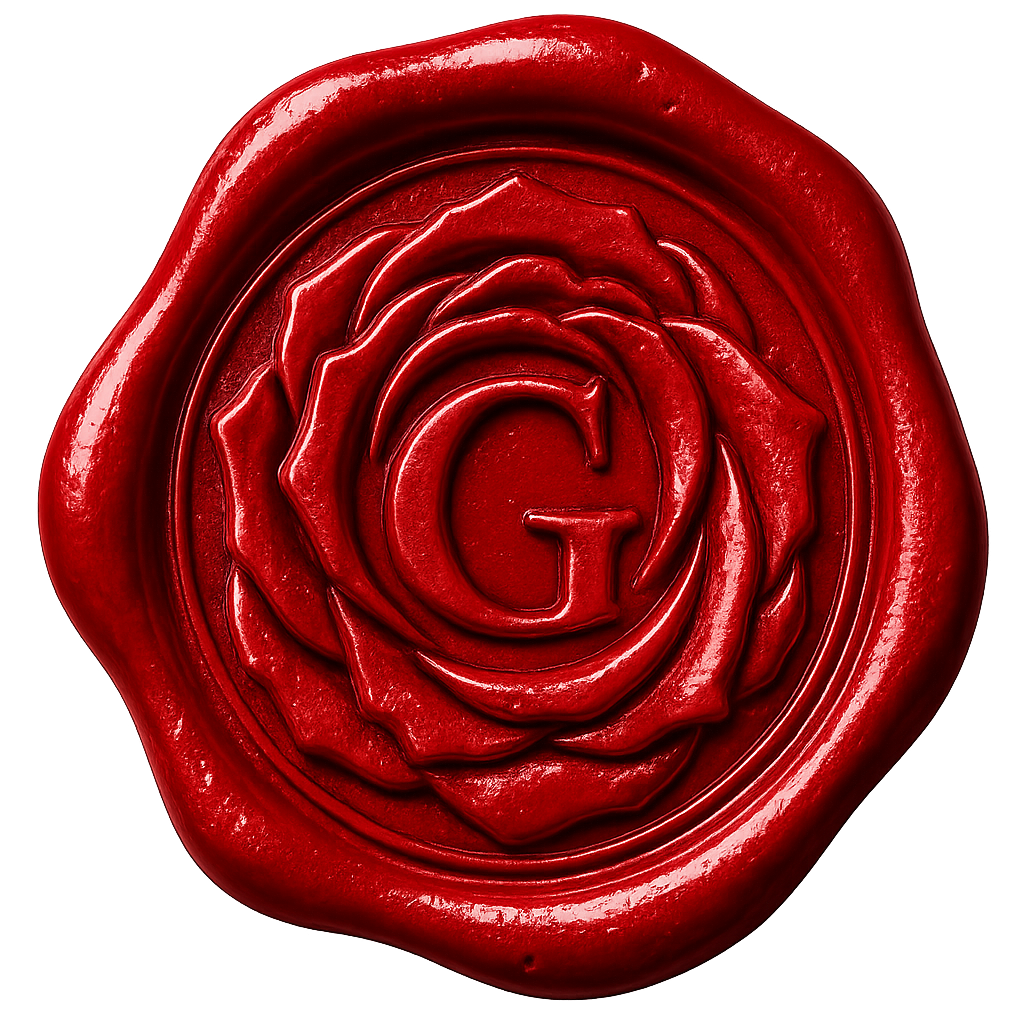 A red wax seal with a rose design and the letter 'G' in the center.