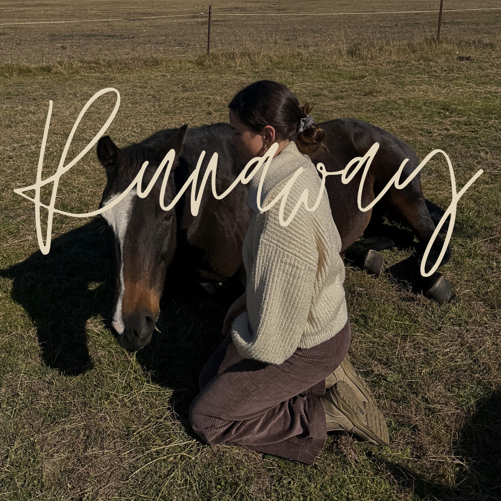 A woman kneeling on the grass, cuddling and kissing a brown and white horse, with a field and few fence posts in the background.