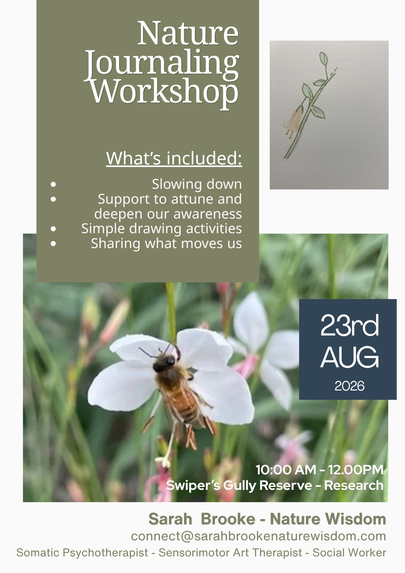 Event flyer for a Nature Journaling Workshop featuring a bee on a white flower and details about the event date, time, location, and organizer.