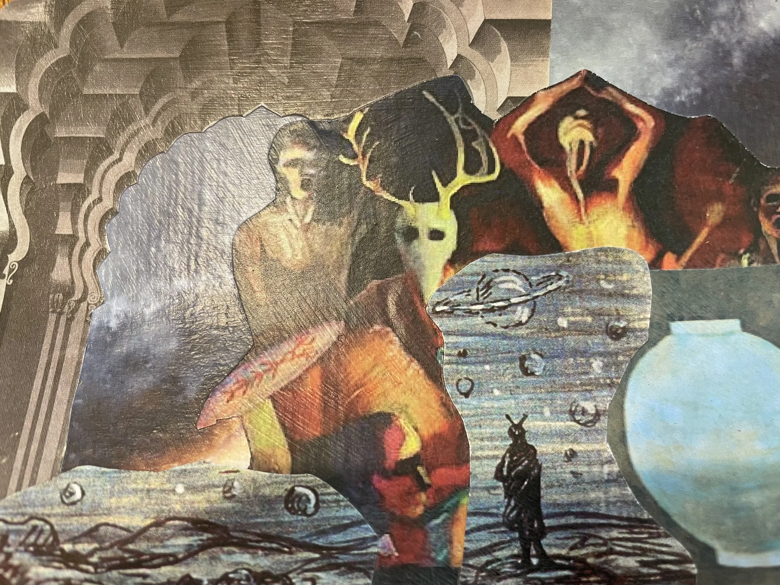 A mixed-media collage artwork featuring several figures depicted with a fiery, surreal style. The background includes abstract shapes and symbols resembling planets and planets' rings.