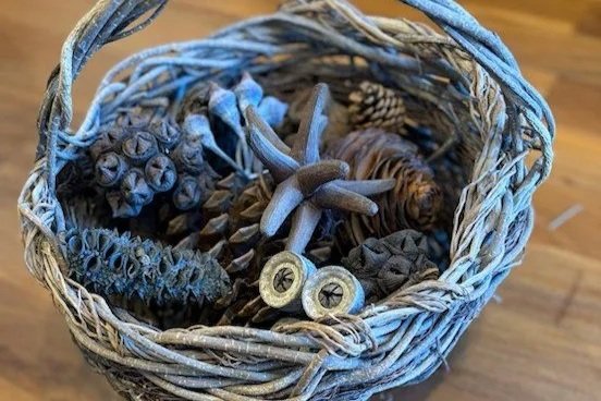 A woven basket containing several pine cones and small gumnuts and seedpods.