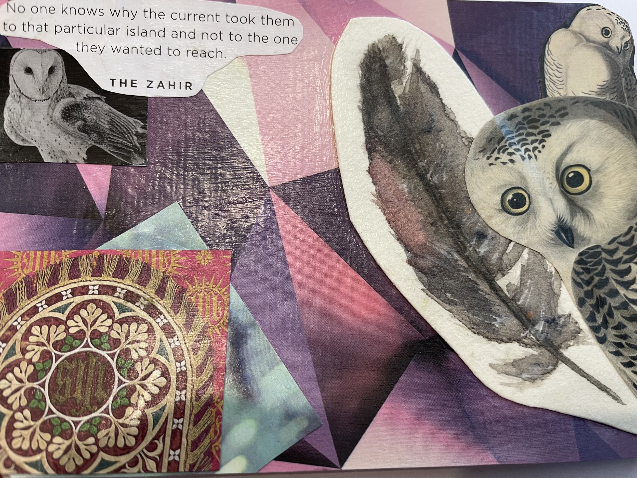 Close-up of a collage with images of owls, geometric shapes, and decorative patterns, including a quote about reaching a particular island and not knowing why, attributed to The Zahir.