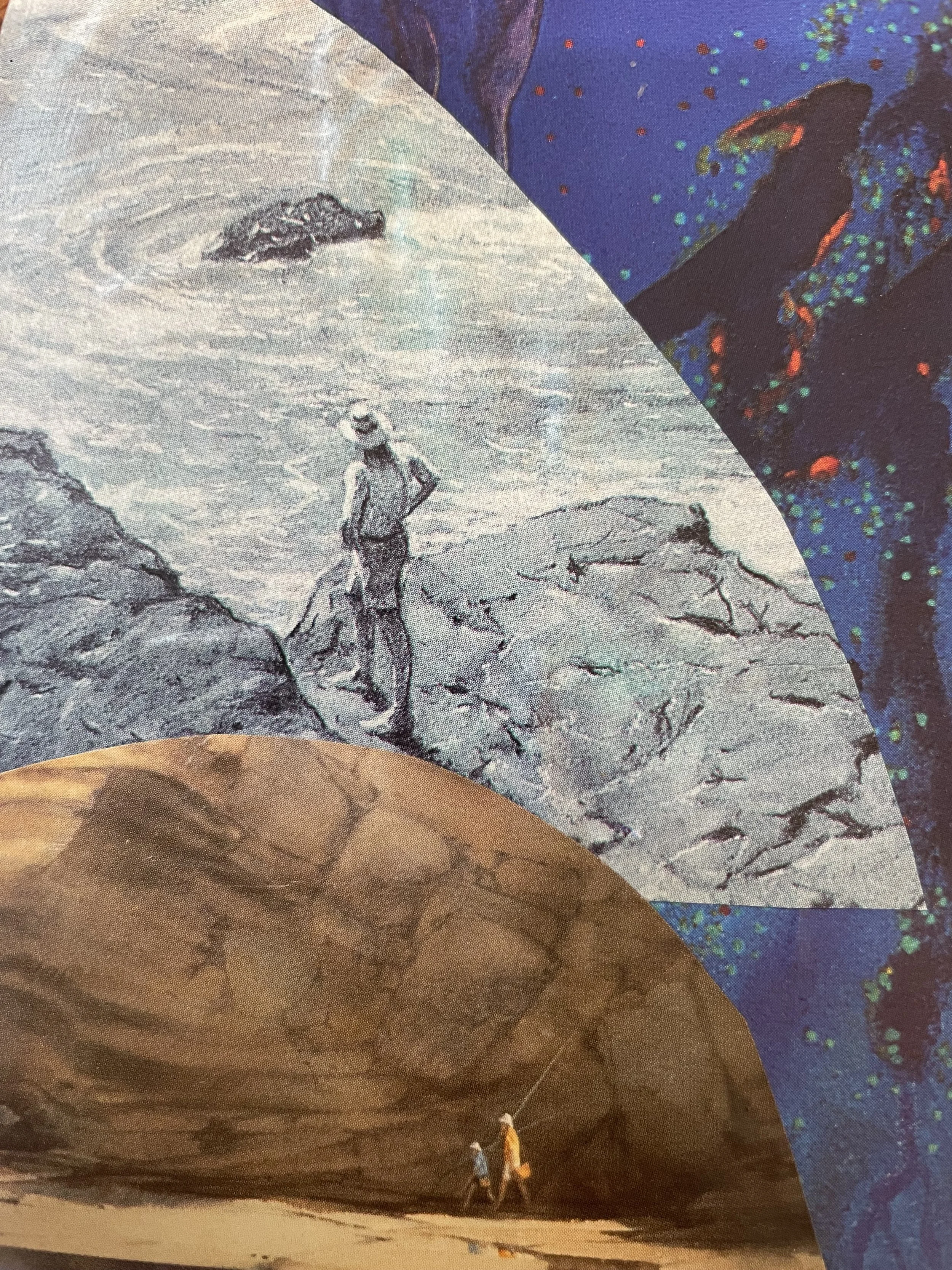 Collage image of people walking on a large natural rock formation with a lush, starry night sky in the background.