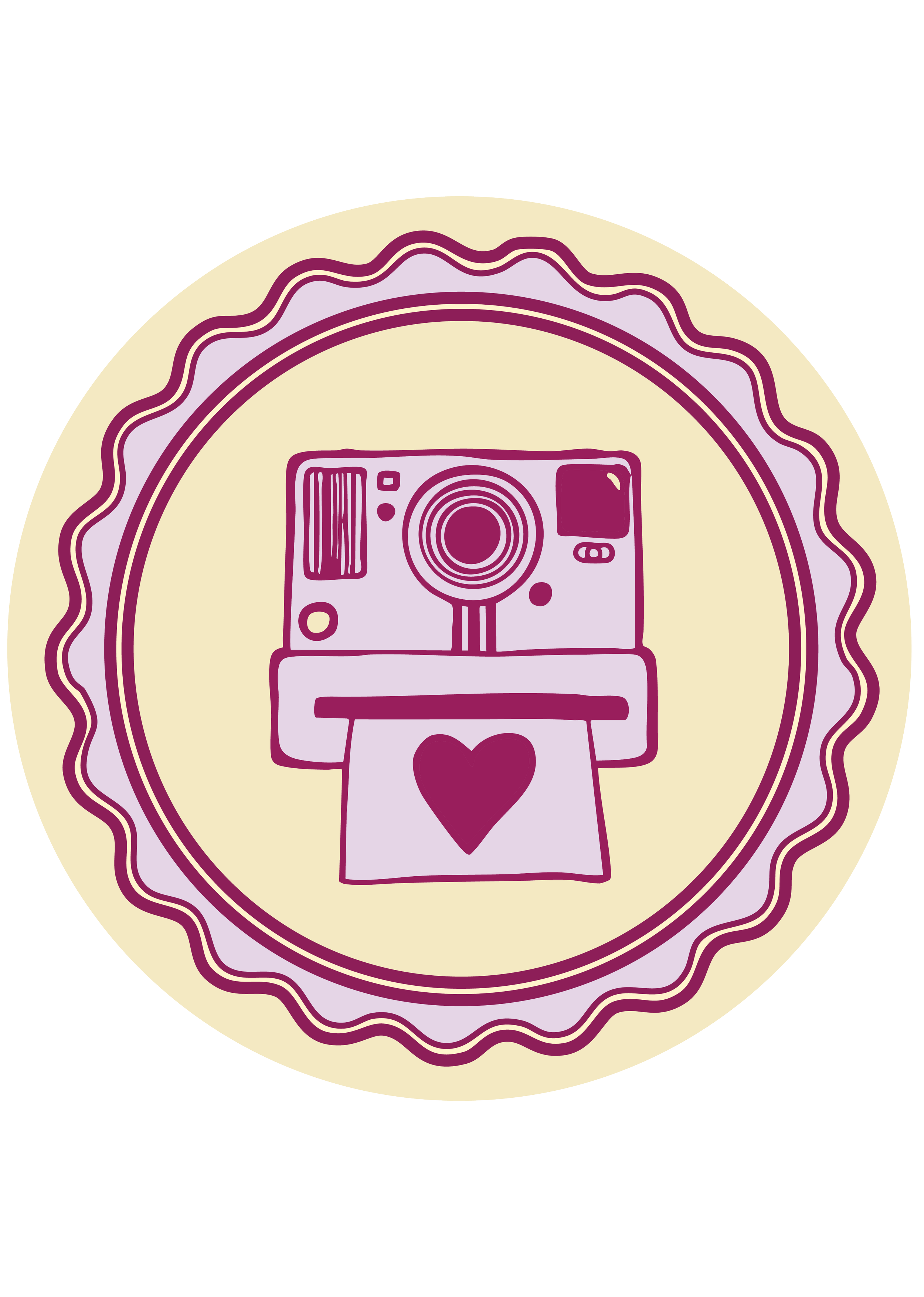 A purple camera illustration inside a decorative circular border, with a heart on its strap, set on a beige background.