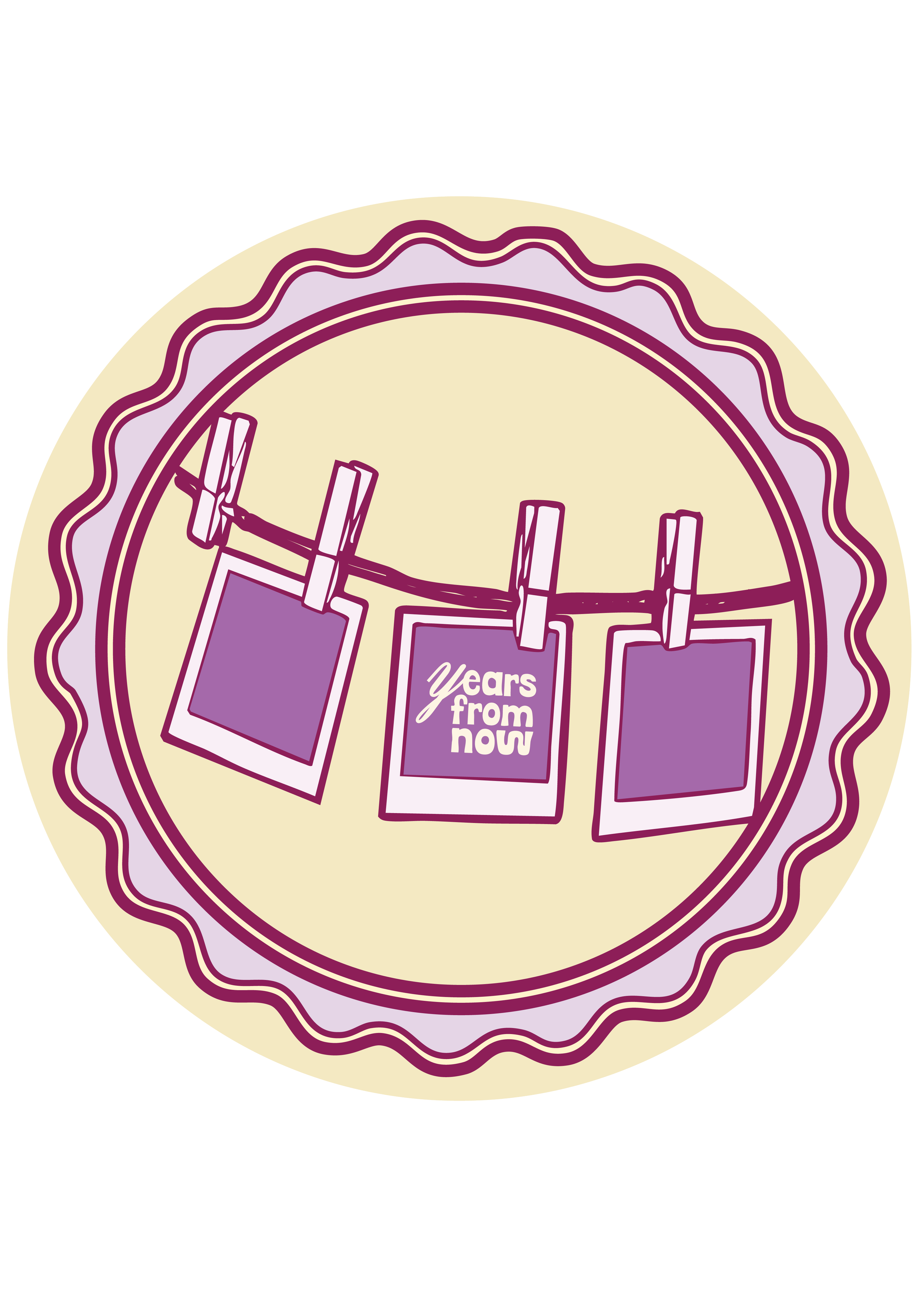 Celebration cake with a ribbon of cream and decorative purple banners hanging on a string, with the text 'Years from now' in the center.