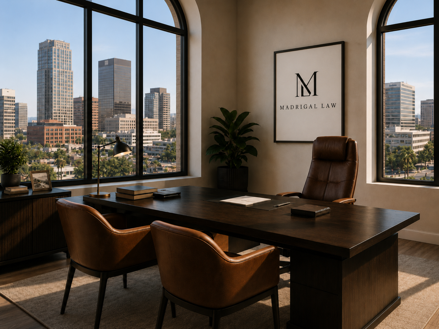 Image of office with skyscrapers seen in the office window