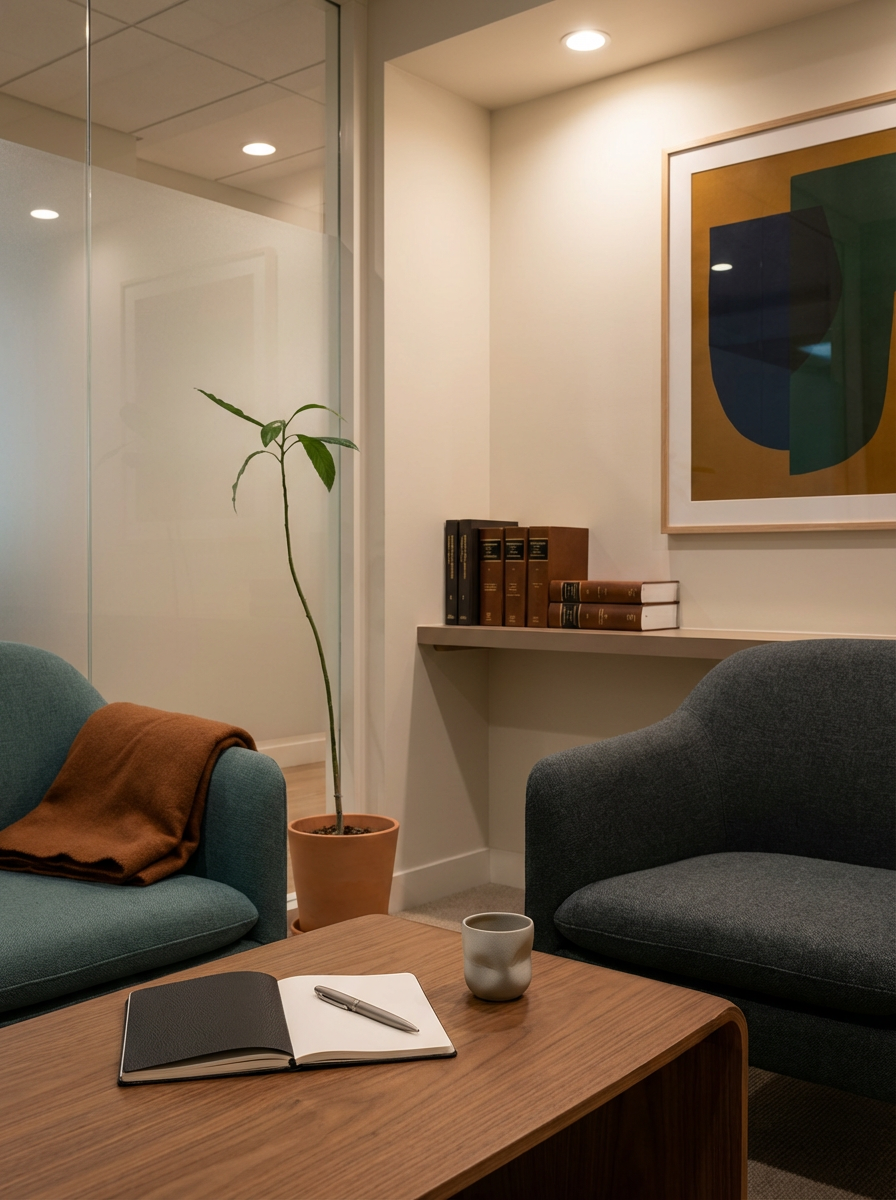 This image is that of a waiting room in an office and it shows a coffee table, a plant, a couch, and some books in the back