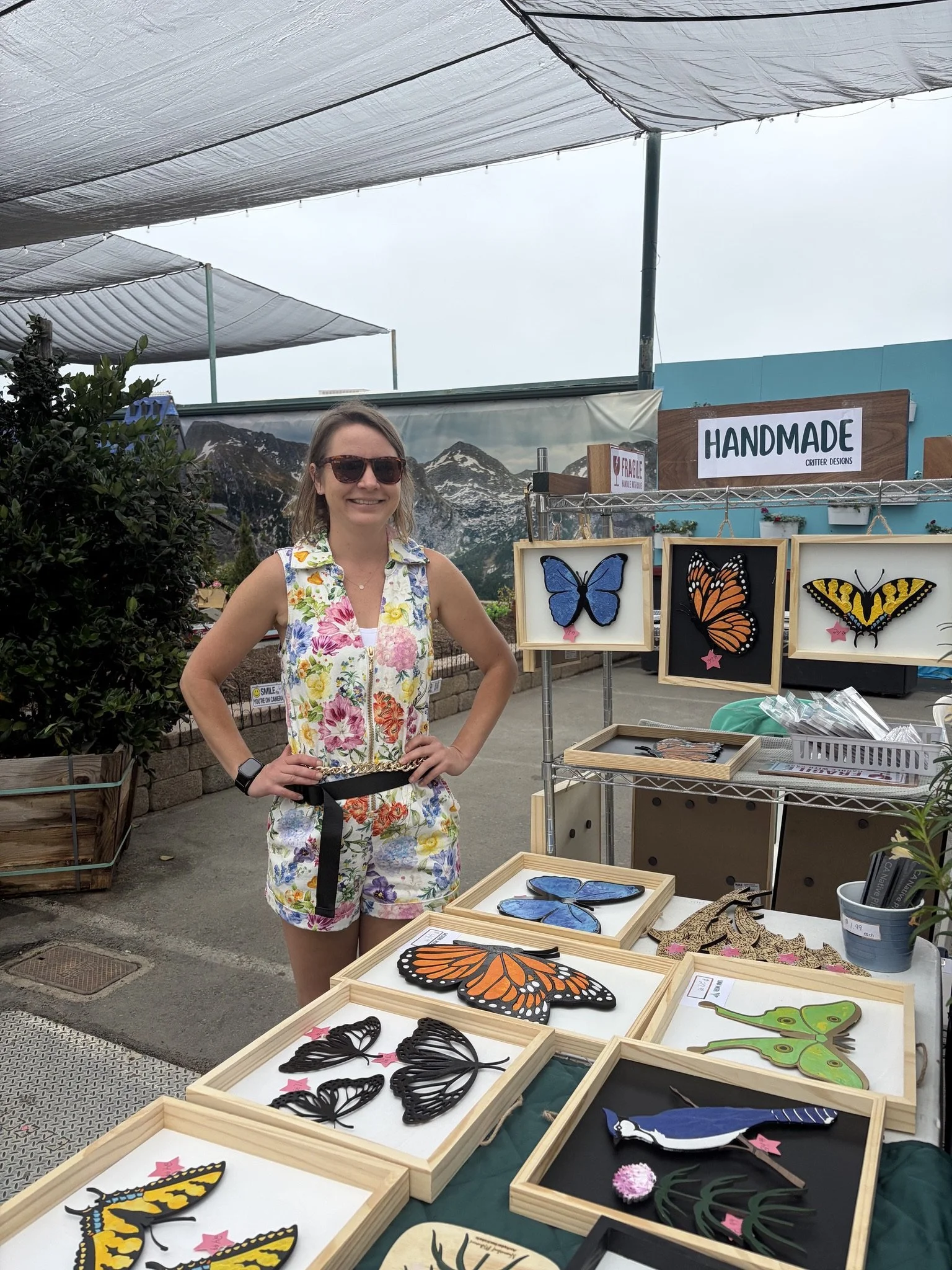 Dianna at outdoor art and craft market stall selling colorful butterfly and insect wall art, with handmade signs in the background.