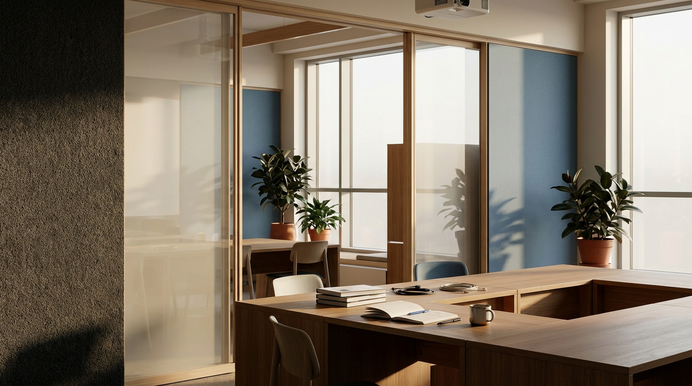 Un bureau moderne avec une grande table en bois, des chaises, des cahiers, un livre ouvert, une tasse, deux plantes en pot, de grandes fenêtres laissant entrer la lumière naturelle.