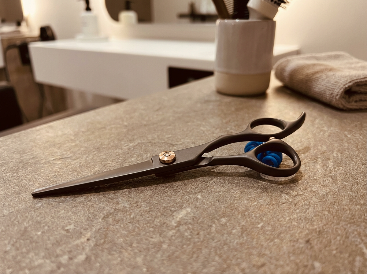 A pair of professional hair thinning scissors with a black handle and a blue tension spring on a beige countertop, with a ceramic cup holding black combs and a folded towel in the background.