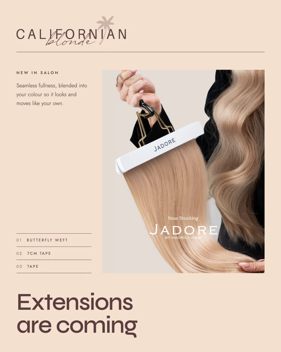 New service alert 🚨 

If you&rsquo;ve ever dreamt of a little extra fullness, or wished your side pieces were filled out, we&rsquo;ve got you. Extensions are coming to Californian Blonde.

We&rsquo;re offering three types of extensions, butterfly we