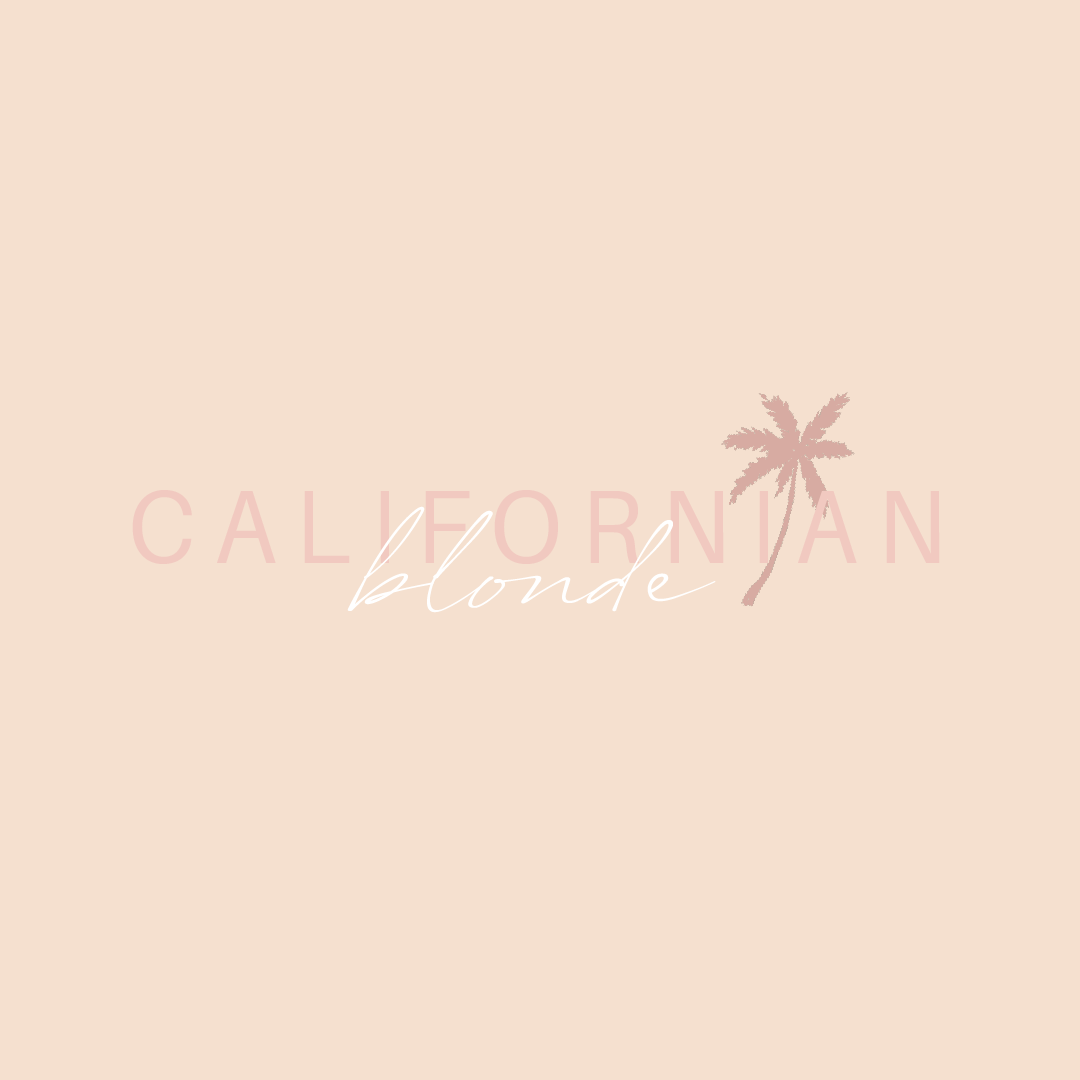 Light beige background with pink text that says 'California blonde' and a pink palm tree illustration.