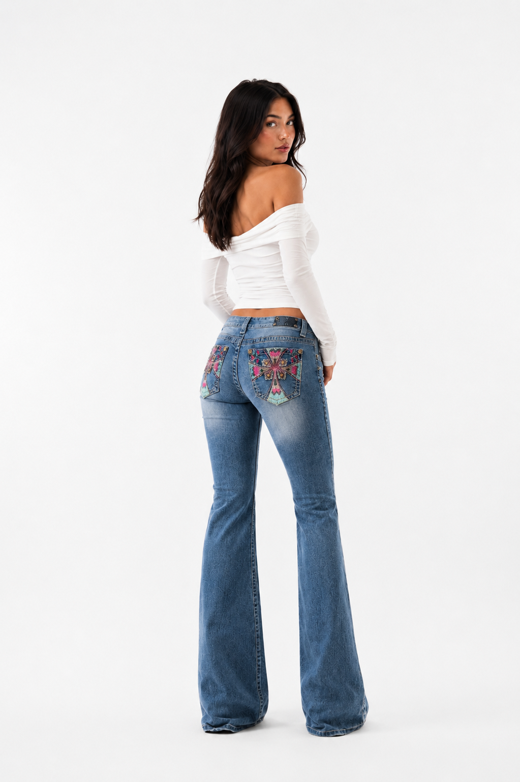 Size XS Heavy Embroidered Backpockets Vintage Jeans Cross Design Lowwaist