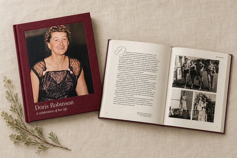 Tribute and legacy book hardcover with image on cover and family photos