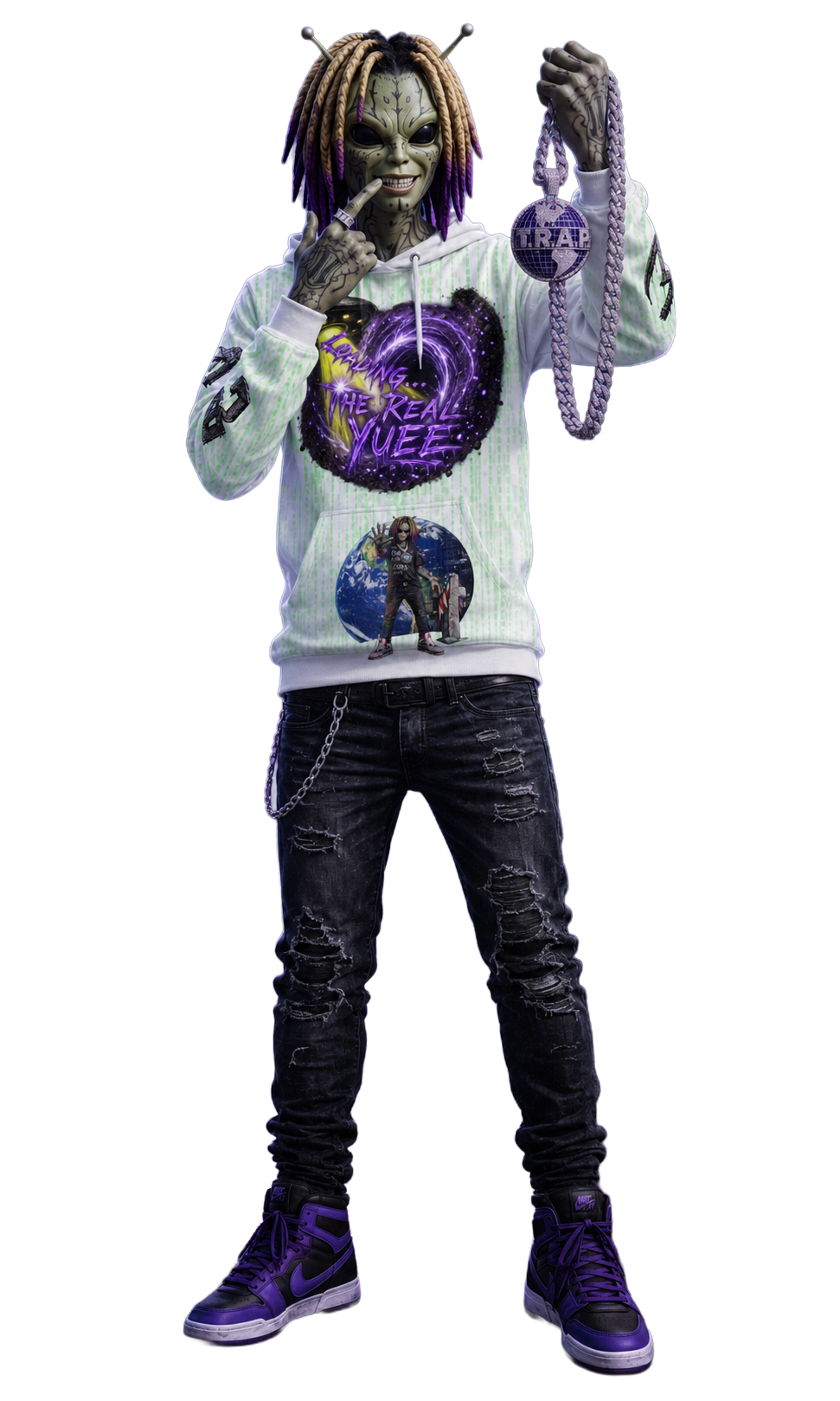 A person dressed in a futuristic costume with a mask, dreadlocks, and graffiti-style clothing, holding a chain with a ball labeled 'RAP', standing against a black background.