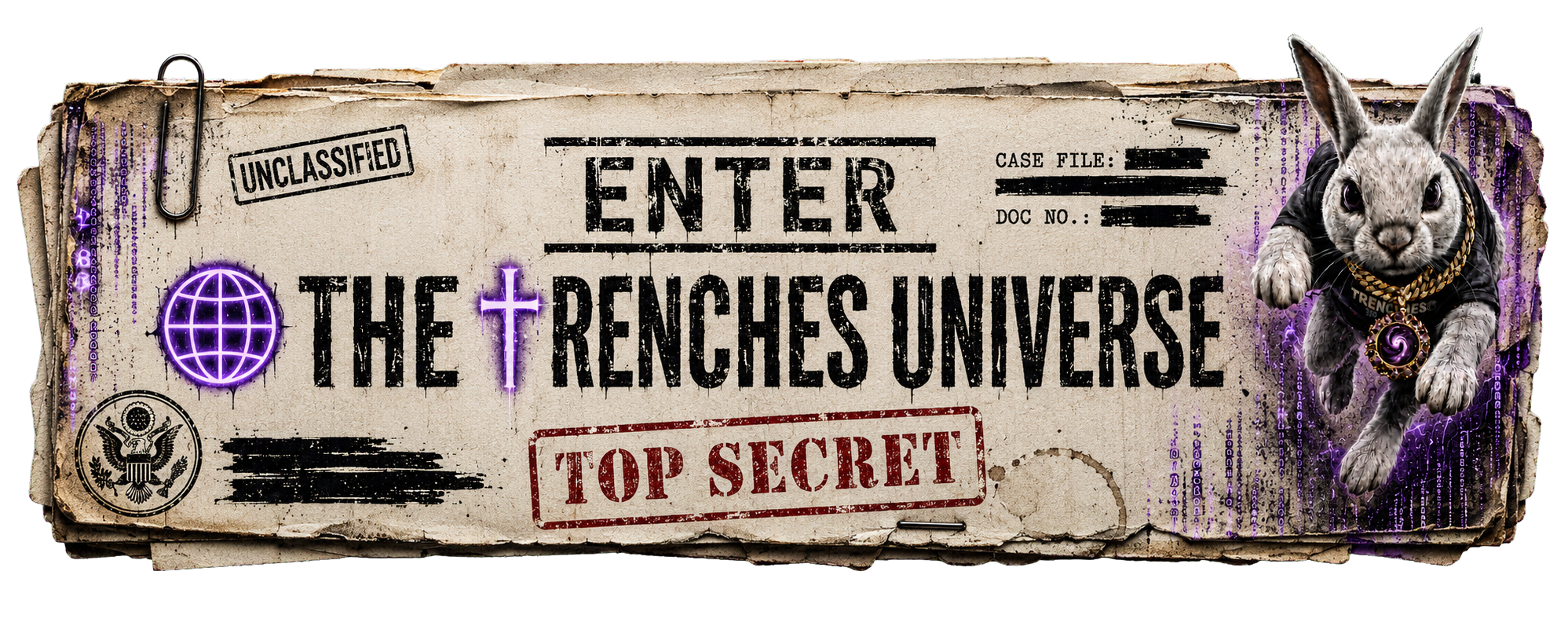 A torn, worn top secret government-style file folder with security markings and text, featuring a flying puppy in black gear with purple holographic graphics, a globe symbol, and an eagle emblem.