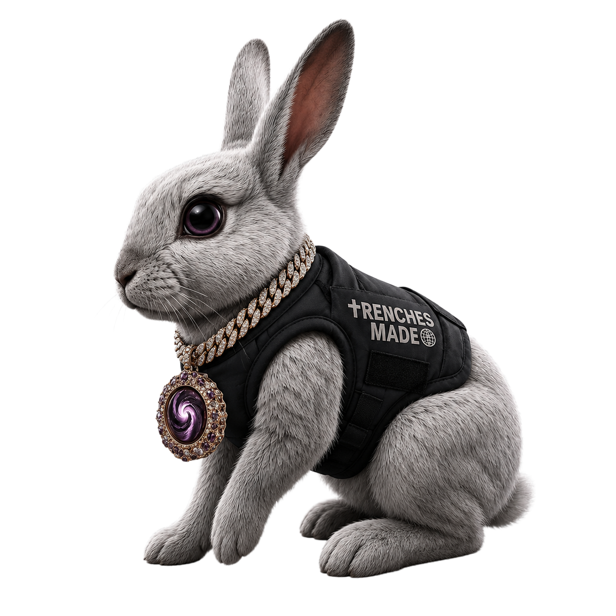 A digitally edited rabbit wearing a black tactical vest with the text '+TRENCHES MADE' on it, a thick gold chain, and a large purple and gold swirl pendant around its neck.
