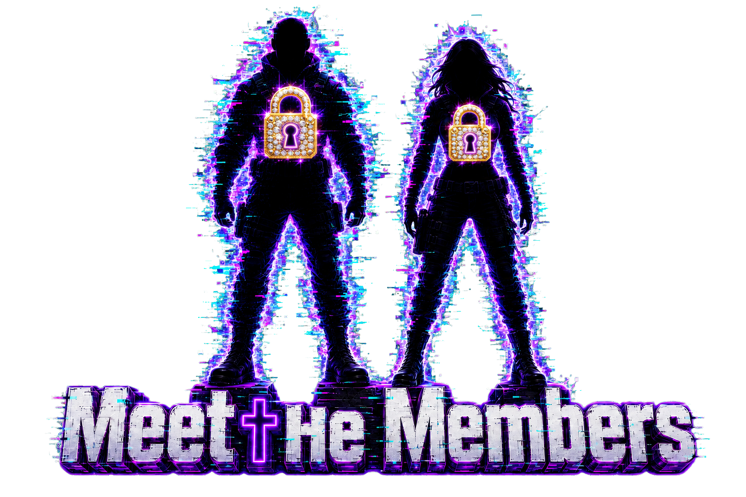 Silhouettes of a male and female character with glowing purple outlines, standing back to back, with lock symbols on their chests, and the text 'Meet the Members' in purple and white at the bottom.