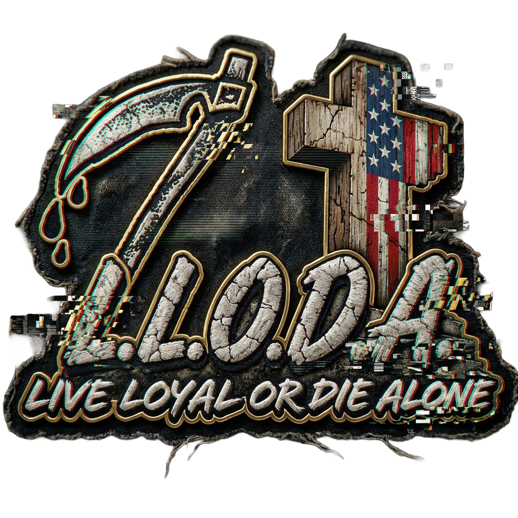 A patch with a dagger, a large number 1 with the American flag design, and the words "Loyal or Die Alone."