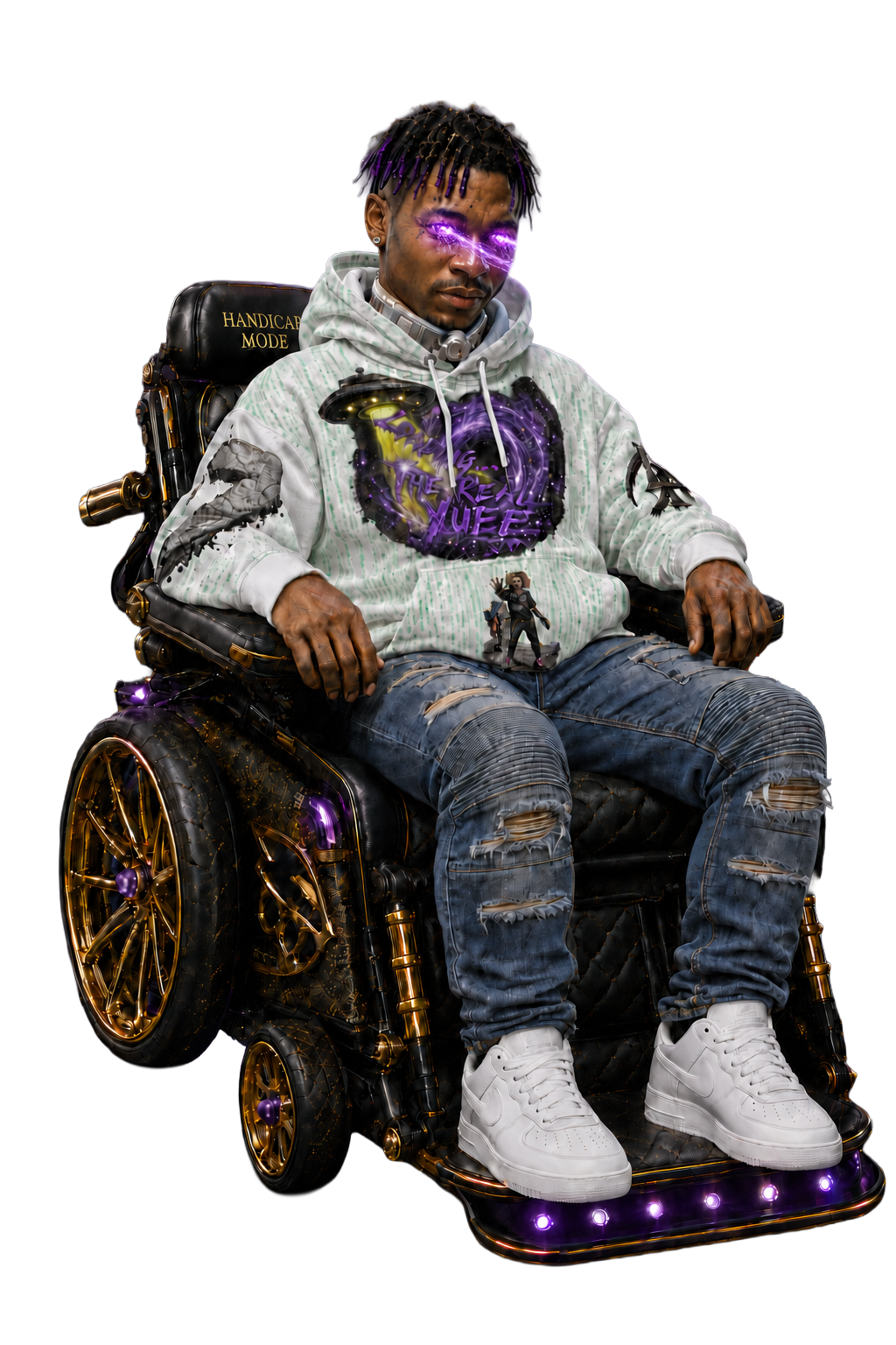 A young man with dreadlocks sitting in a futuristic wheelchair with gold and purple accents, wearing a hoodie, ripped jeans, and white sneakers, featuring glowing purple laser effects and a digital or virtual aesthetic.