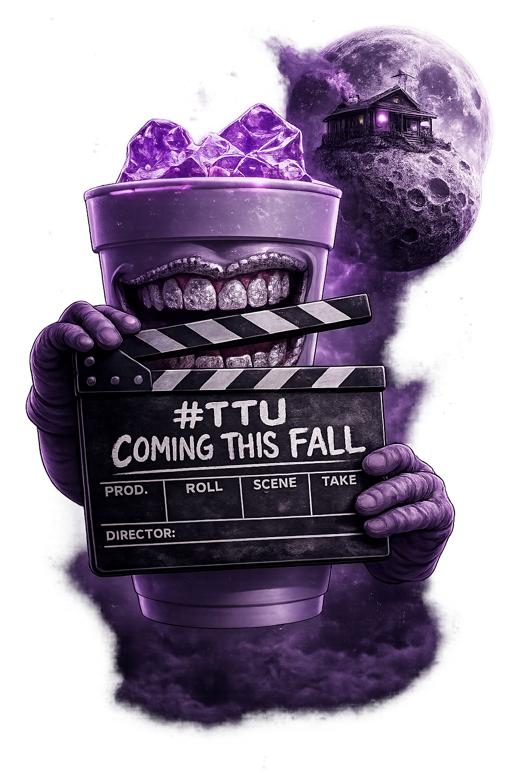 A surreal digital artwork featuring a giant topless cup with a mouth showing teeth, holding a clapperboard with the text '#TTU COMING THIS FALL'. The cup's mouth is open showing teeth, and the piece is set against a cosmic background with a large moon and a house on the moon's surface illuminated with purple glow.