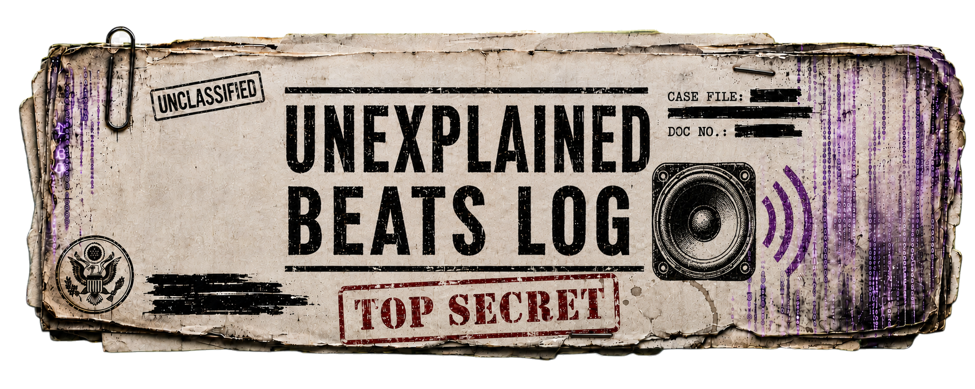 A crumpled, aged, beige unclassified folder with a black 'Unexplained Beats Log' label, a top secret stamp, a speaker illustration, and a government emblem.