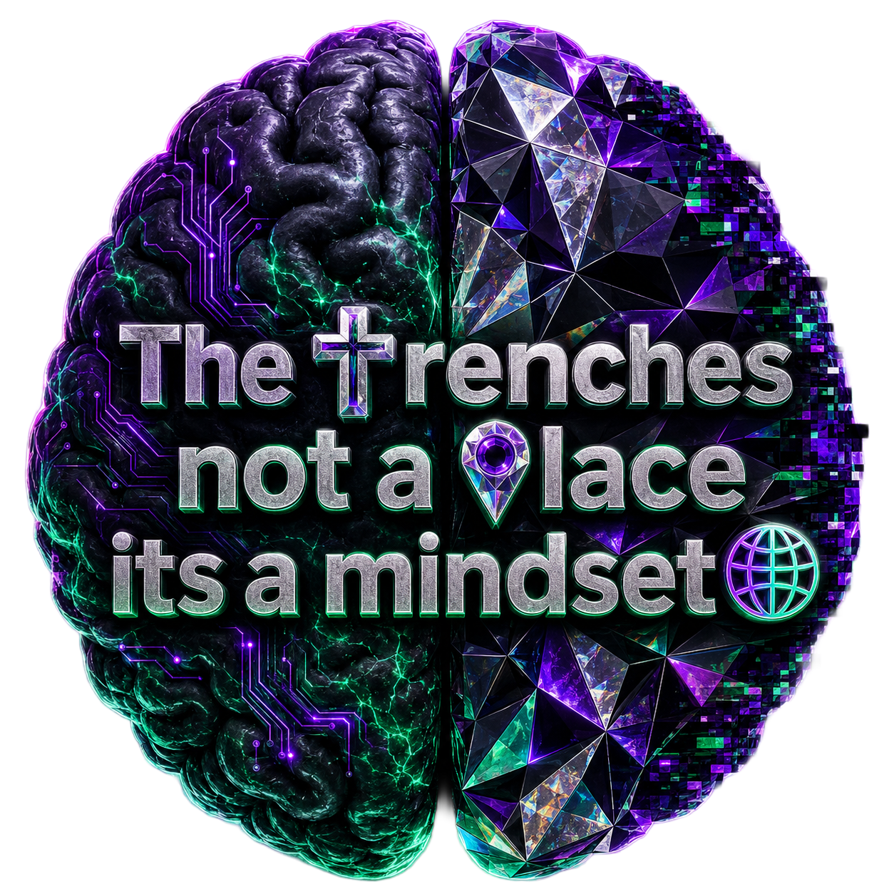 A digital illustration of a human brain, with the left half filled with circuitry and green lightning, and the right half composed of geometric crystal-like shapes in purple and blue. Overlaid is the text 'The trenches not a place its a mindset' with icons of a location pin and a globe.
