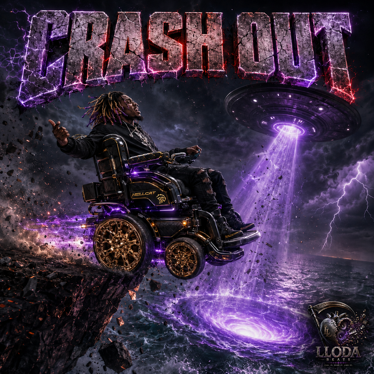 A person in a wheelchair with glowing purple accents falling off a cliff while a UFO abducts them with a purple beam of light. The scene features a stormy sky with lightning and the word 'TRASHOUT' in large, cracked, glowing letters at the top.