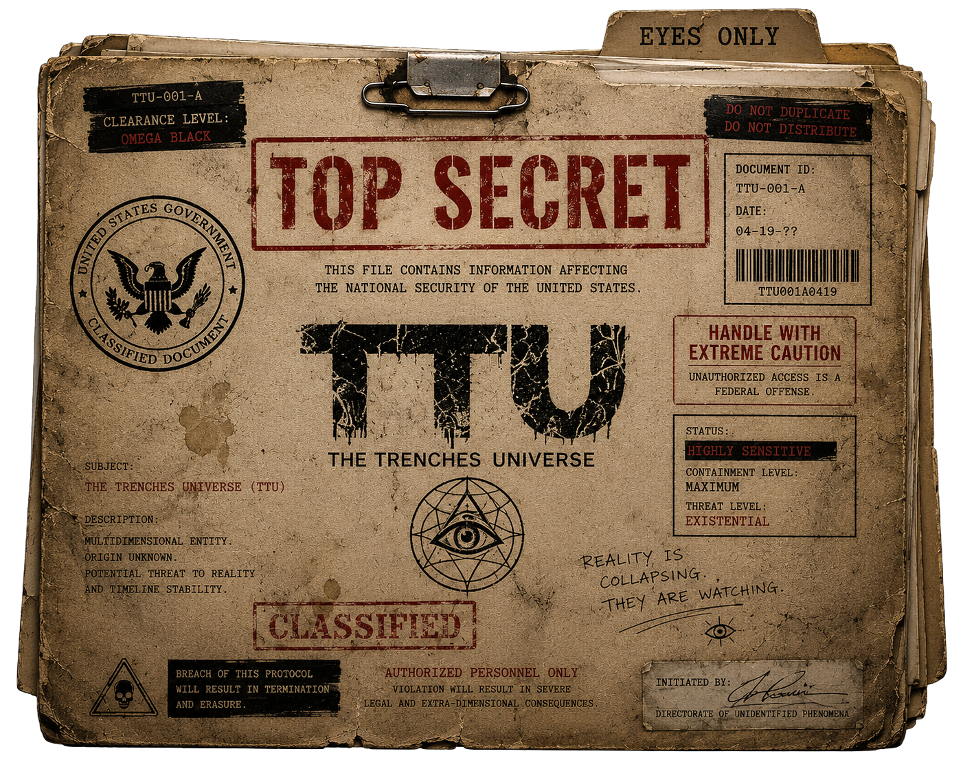 Old, worn file folder labeled 'Top Secret' containing documents marked 'Classified' and 'Eyes Only', with a U.S. government seal and various warnings about security and sensitivity, in a vintage style.