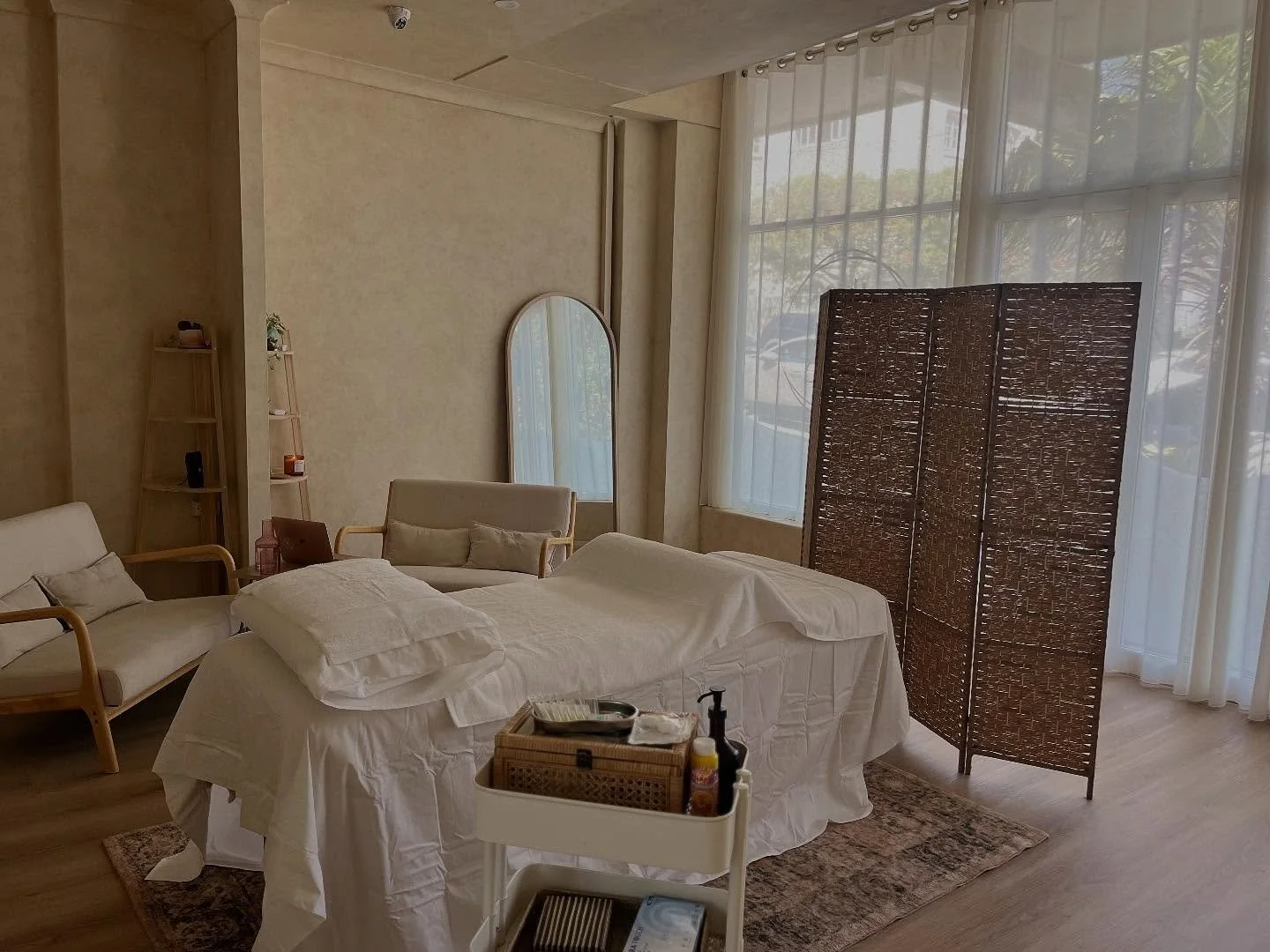 Calm treatment room prepared for acupuncture and Chinese medicine treatments