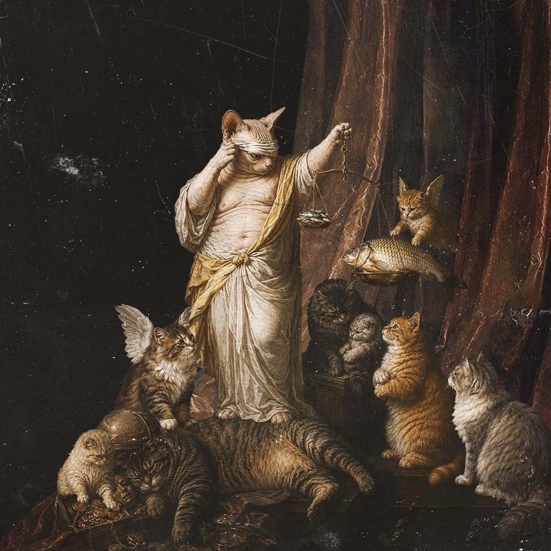 A cat with human body dressed in ancient Greek garments, blindfolded and holding scales with fish, surrounded by various cats and a large tiger in a classical-style setting.
