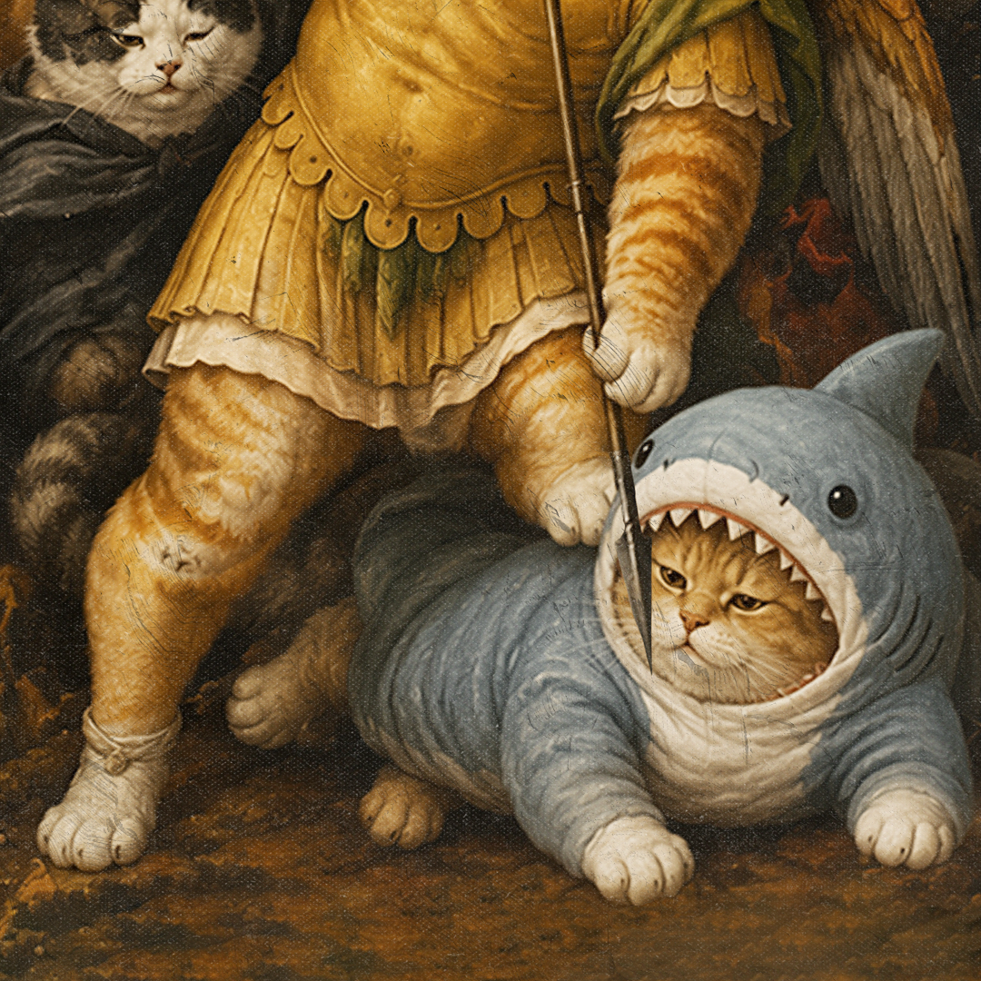 A painting of three cats with one dressed as a fisherman in a shark costume, one with a yellow dress, and one with a black coat, in a traditional artistic style.