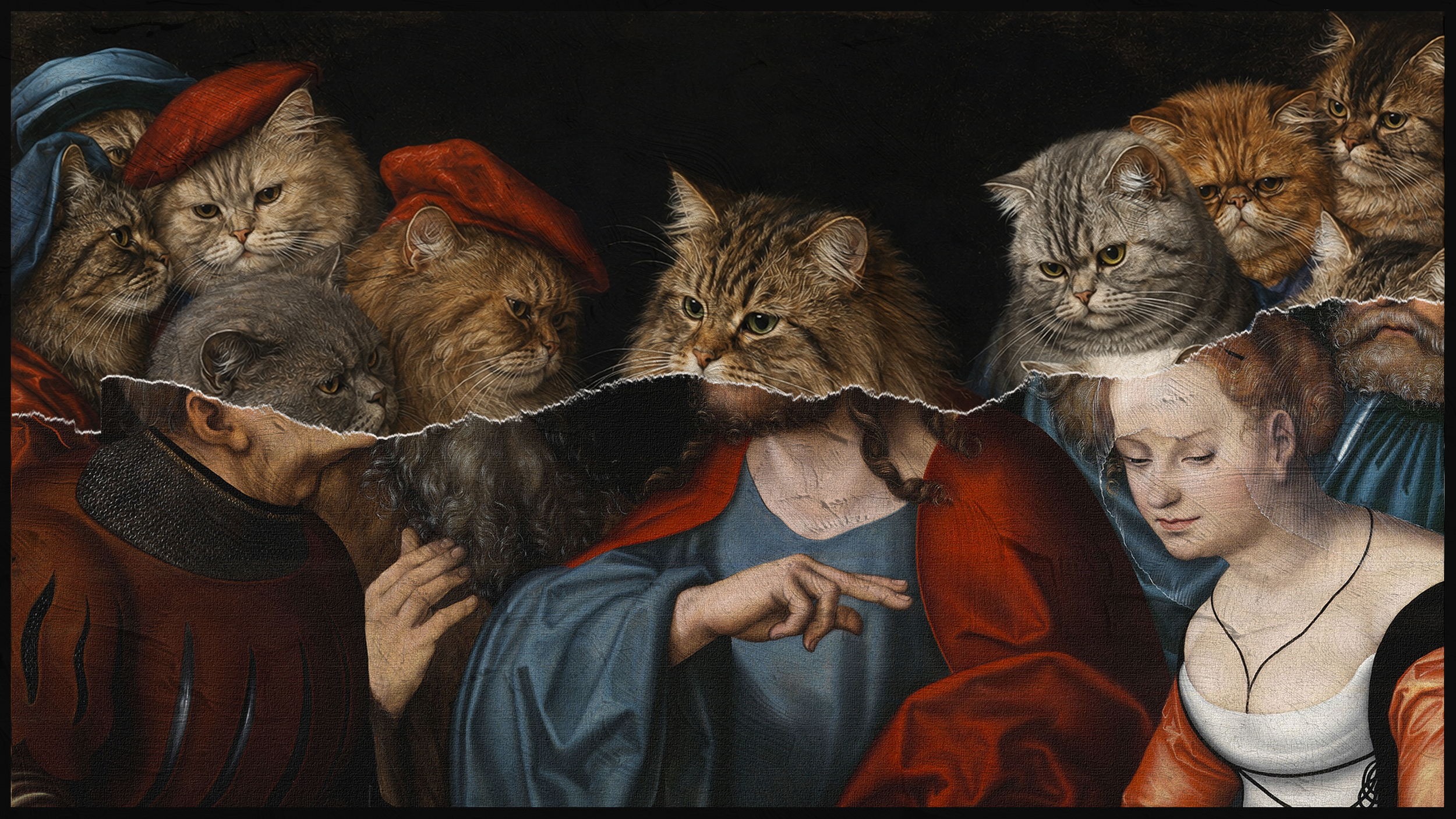 A painting combining human figures and cats, with torn paper effects separating the cats from the human figures.