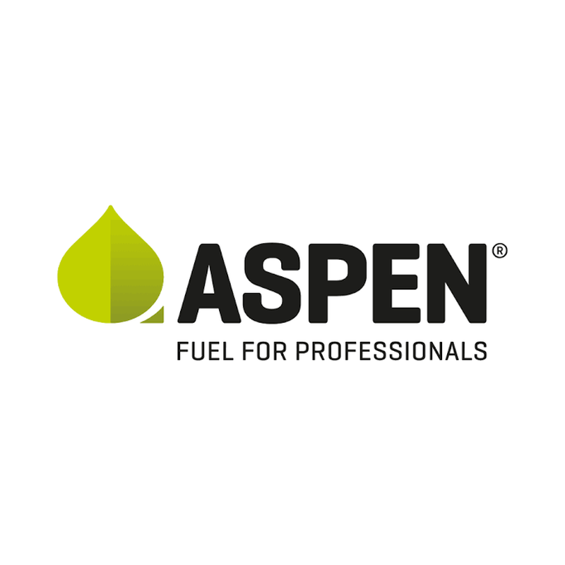 Logo with green leaf icon and text 'ASPEN' with tagline 'Fuel for Professionals'