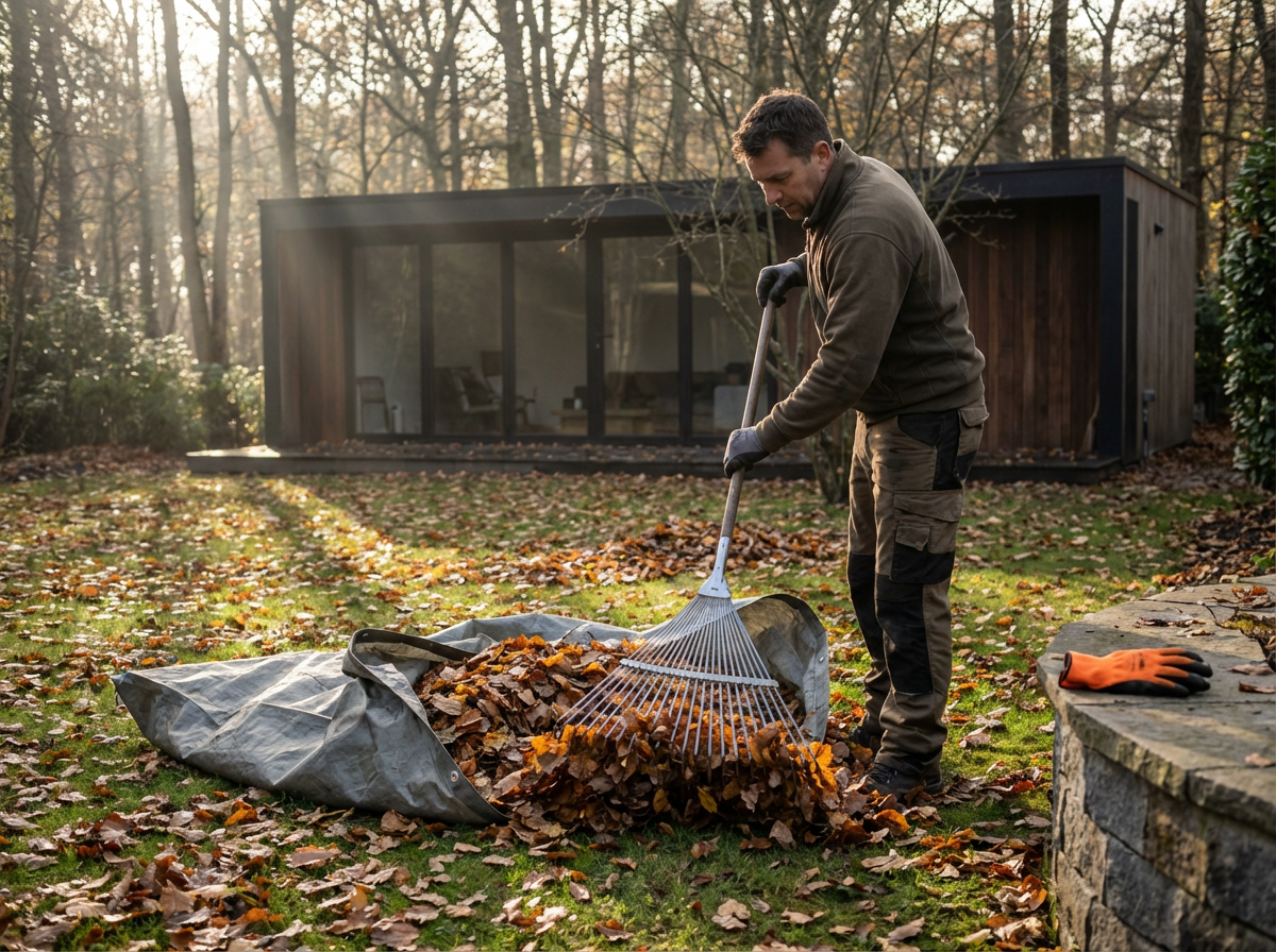 A man raking fallen autumn leaves in a backyard with a modern glass house in the background.