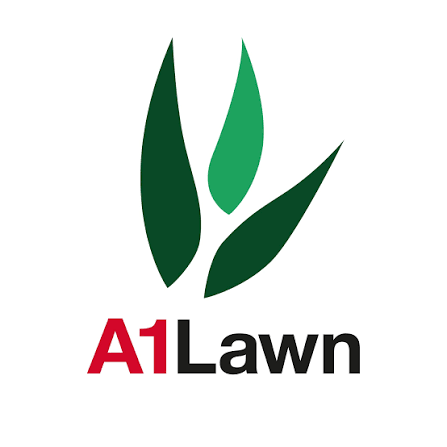 Logo for A1Lawn featuring stylized green grass blades and bold red and black text.